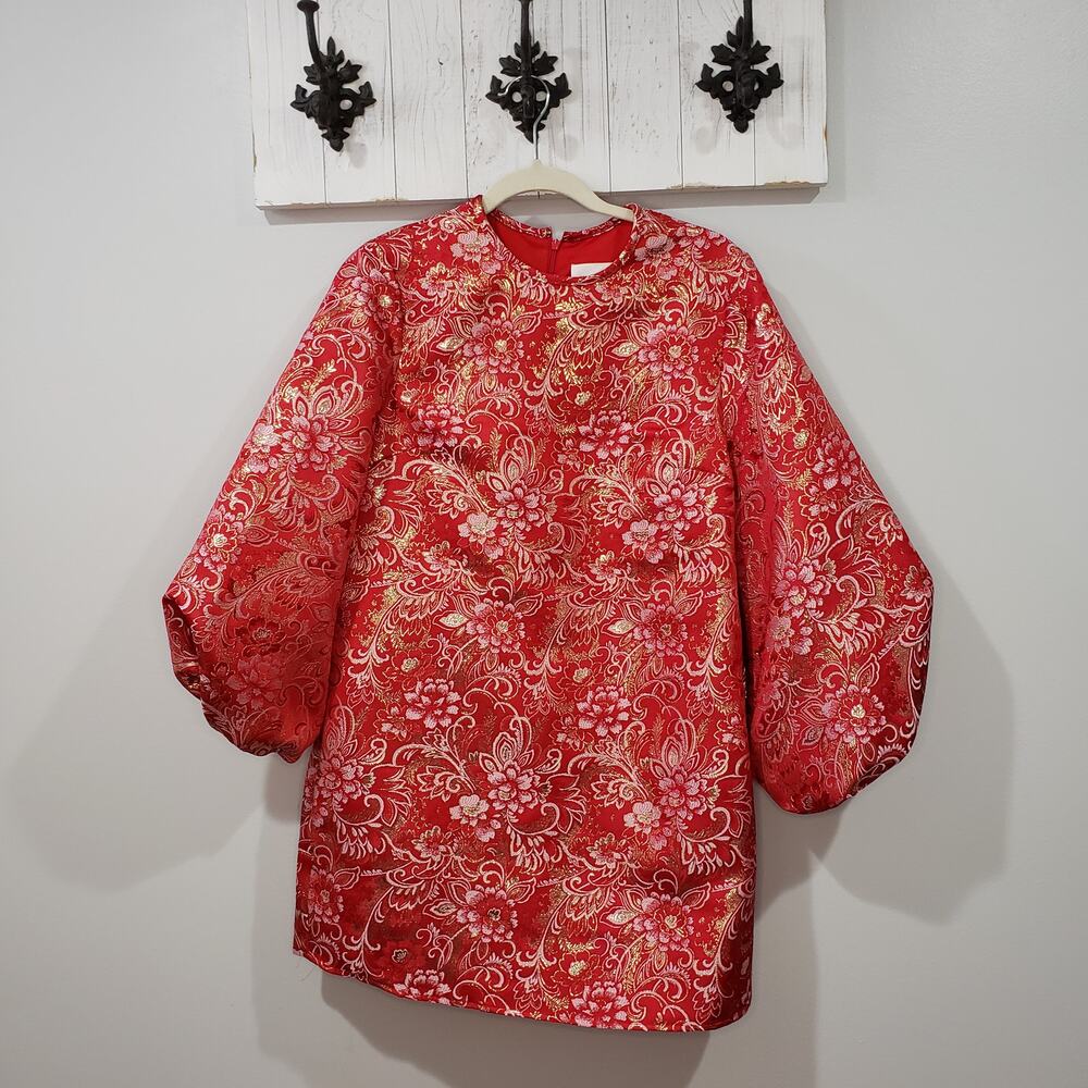 Hyacinth House Red Floral Jacquard Mini Dress Puff Sleeve NWT Size S